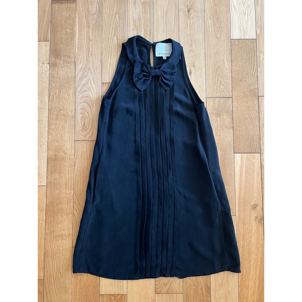 Madison Marcus 100% Silk Sleeveless Shift Pintuck Pleated Bow Black Dress XS